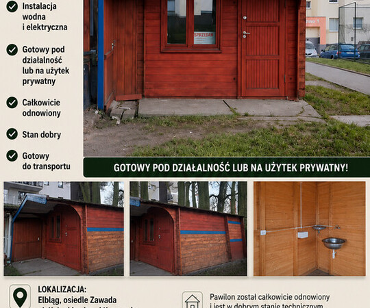 Drewniany pawilon z przybudówką na sprzedaż w Elblągu. 