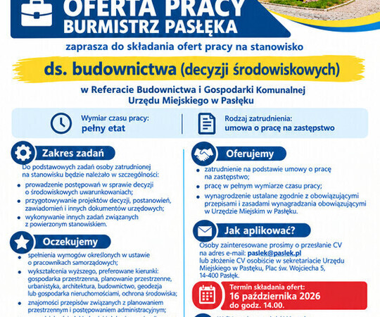 BURMISTRZ PASŁĘKA zaprasza do składania ofert pracy na 