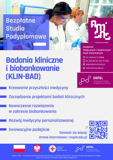 Bezpłatne studia podyplomowe na AMiSNS w Elblągu - nowoczesna edukacja w zakresie badań klinicznych i biobankowania