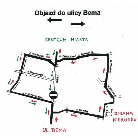 Bema z objazdem, kierowcy stoją w korkach