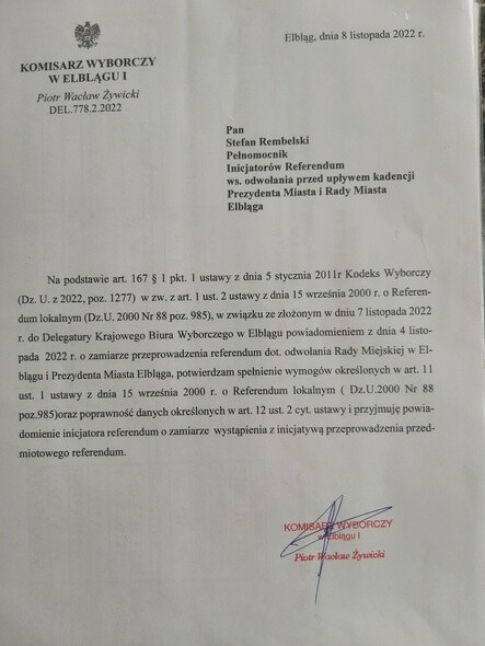 Podpisy za referendum będą zbierać od 12 listopada