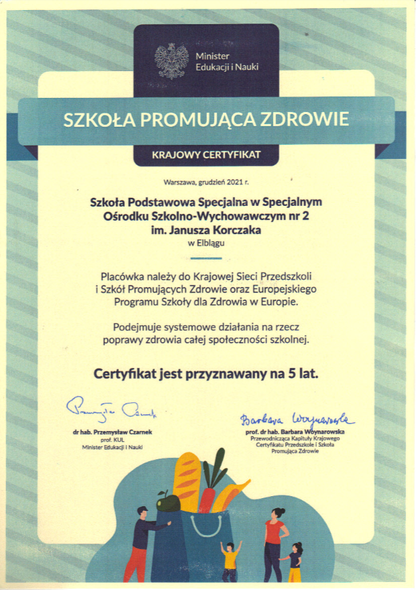 Krajowy Certyfikat „Szkoły Promującej Zdrowie przyznany SOSW nr 2 w Elblągu