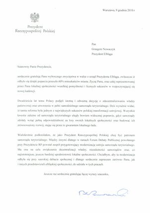 Prezydent RP gratuluje Prezydentowi Elbląga